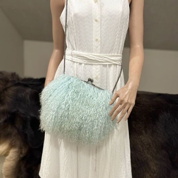 Aqua Handmade Real Mongolian Lamb Fur Kisslock Wristlet/Shoulder Bag, Crossbody - Picture 10 of 16
